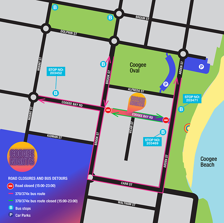 Coogee Nights road closures & bus detours map