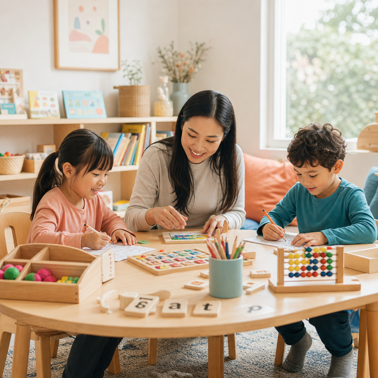 Young children building early literacy and numeracy skills with an educator