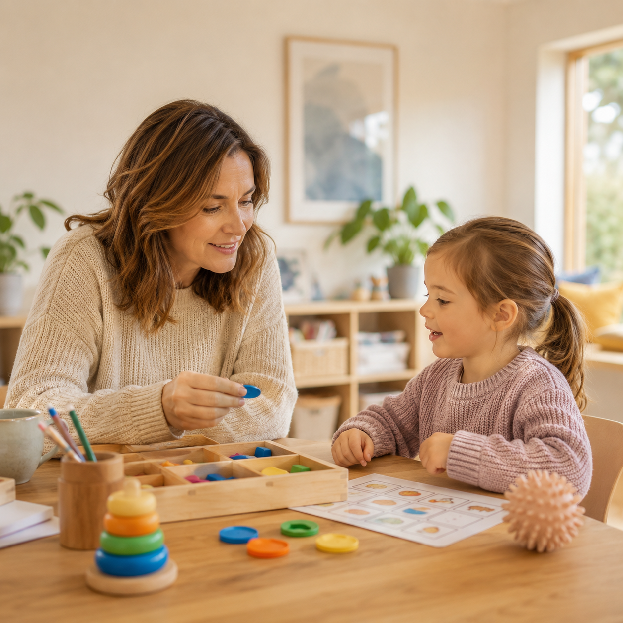 Child psychologist using learning and emotion cards with a young boy in the Eastern Suburbs