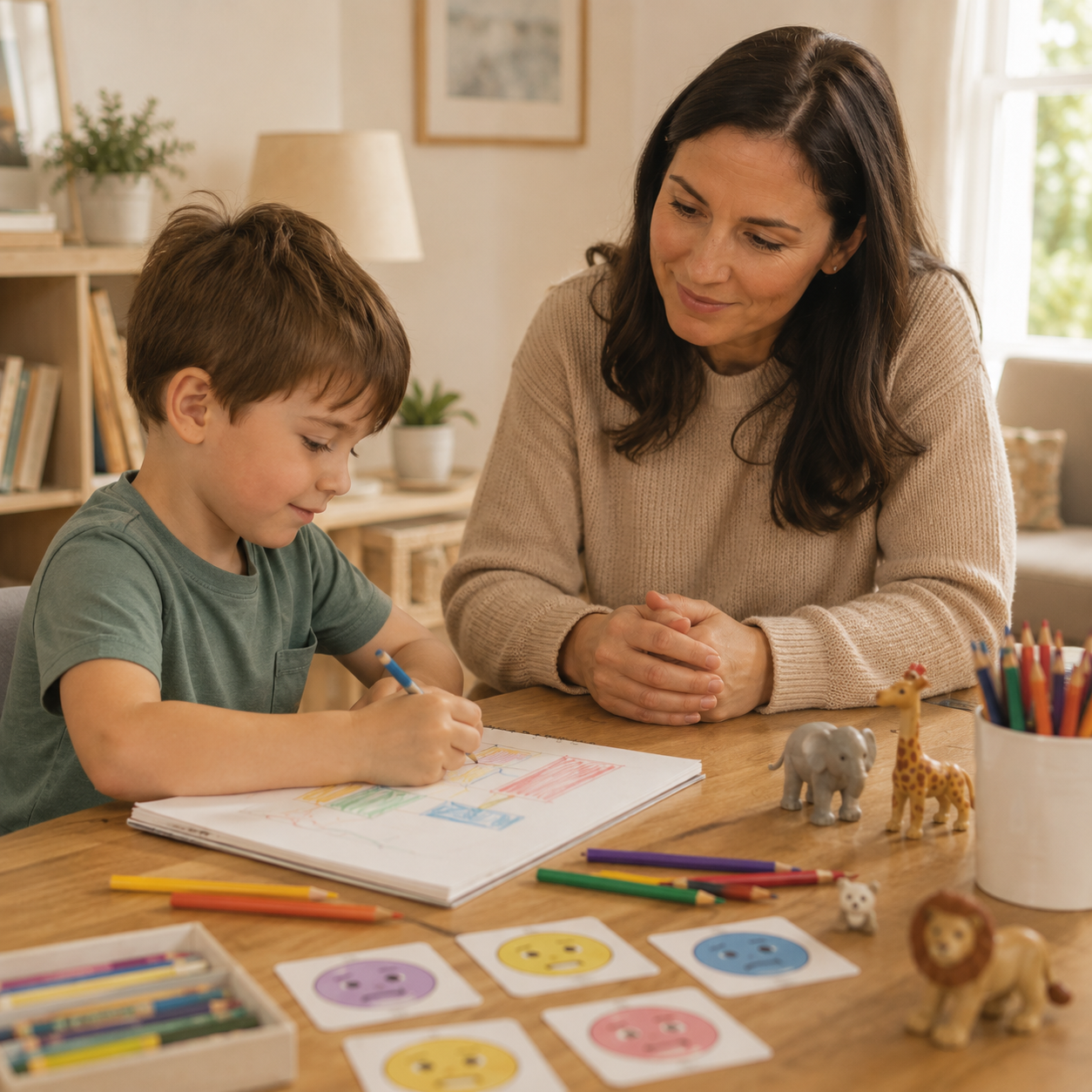 Child psychologist supporting a young child with drawing and play-based therapy in Sydney’s Eastern Suburbs