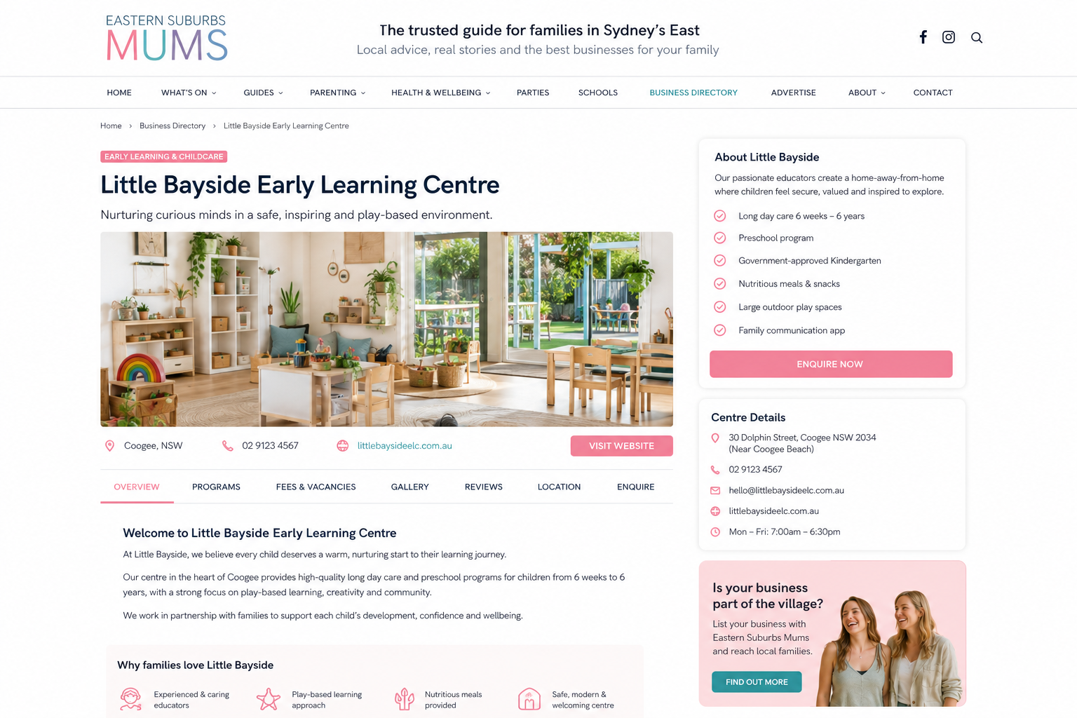 Parent reading an Eastern Suburbs Mums childcare centre profile and early learning article