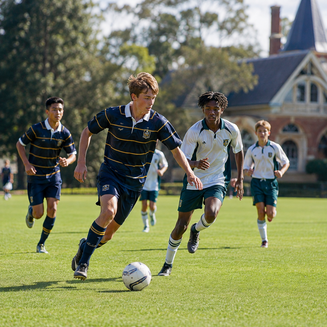 Private school boys playing soccer on a school sports field