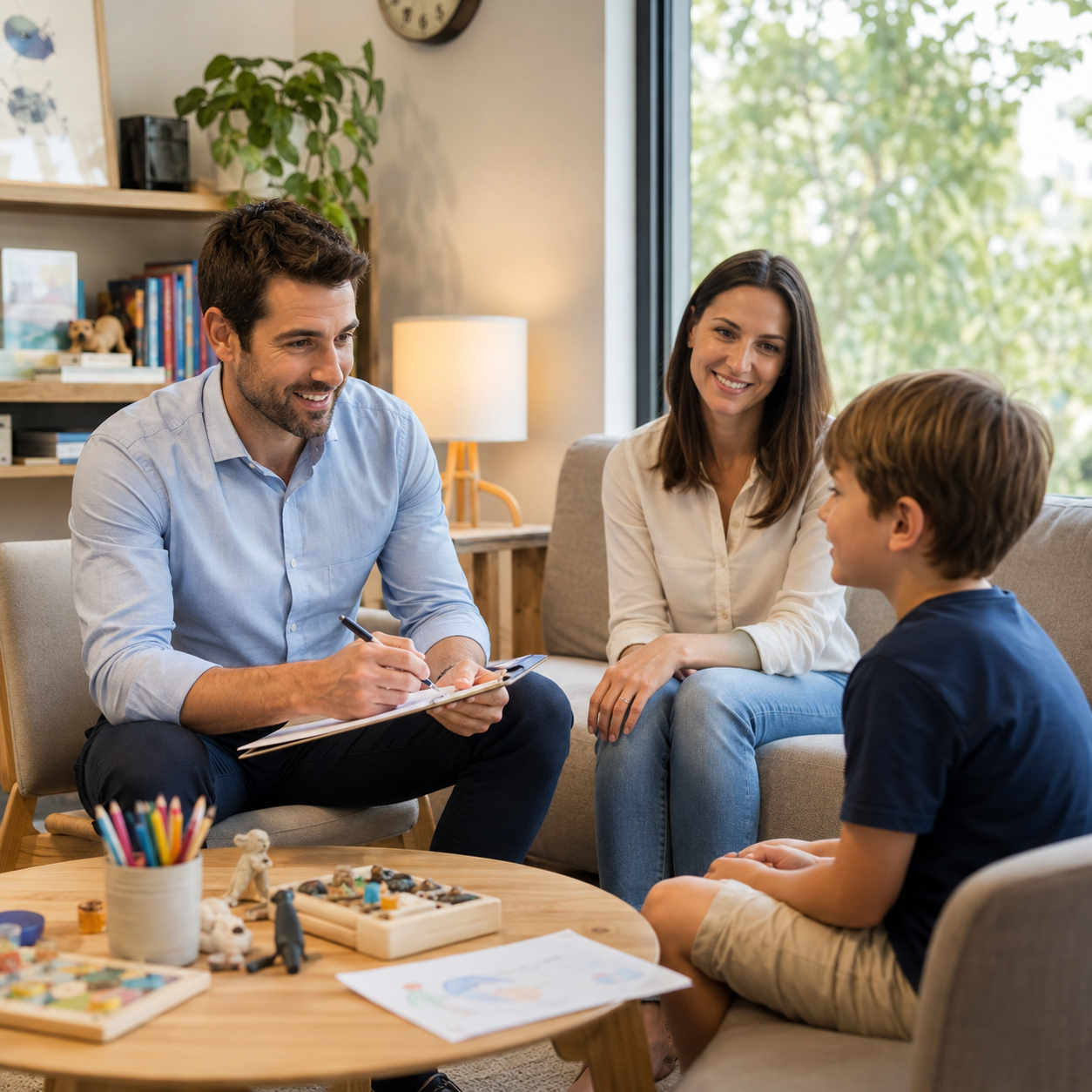 Male child psychologist speaking with parents and a young boy in a family therapy session