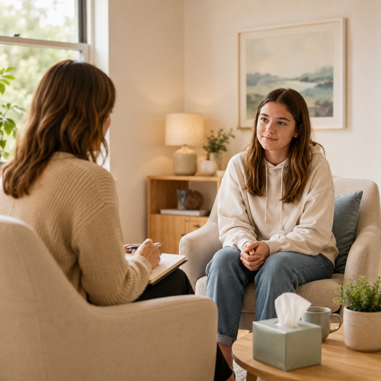 Teen psychologist counselling a young person in a calm therapy room in Sydney’s Eastern Suburbs