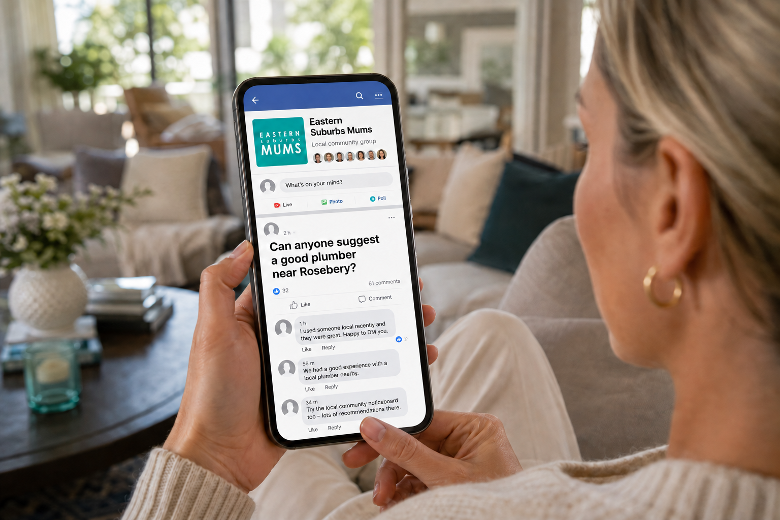 Woman reading an Eastern Suburbs Mums Facebook group post asking for a plumber near Rosebery