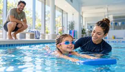 Child learning to swim with an instructor at an Eastern Suburbs swim school