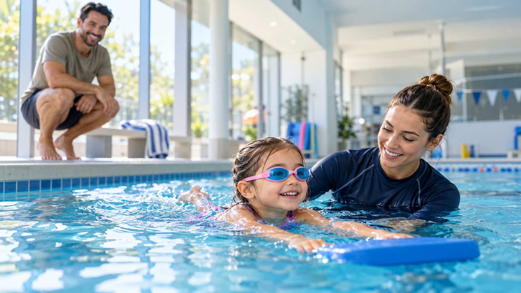 Child learning to swim with an instructor at an Eastern Suburbs swim school